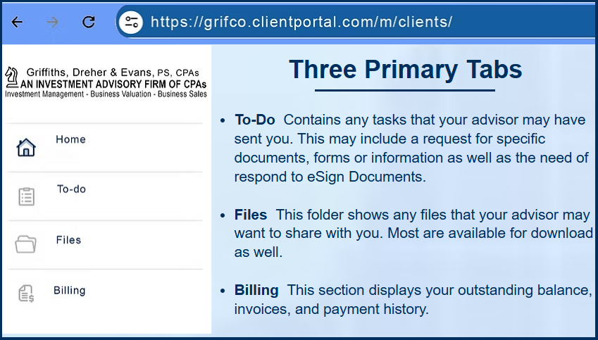 It's a screenshot of grifco client portal three primary tabs