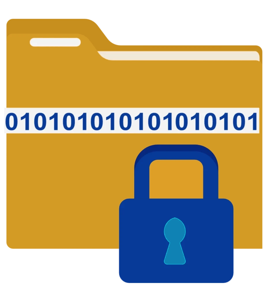 An illustration of a yellow folder featuring binary code (01010101010101) and a blue padlock, symbolizing data security and protection of digital information. The folder represents organized data, while the padlock signifies encryption and safeguarding sensitive files. This image highlights the importance of secure data management in today's digital landscape.