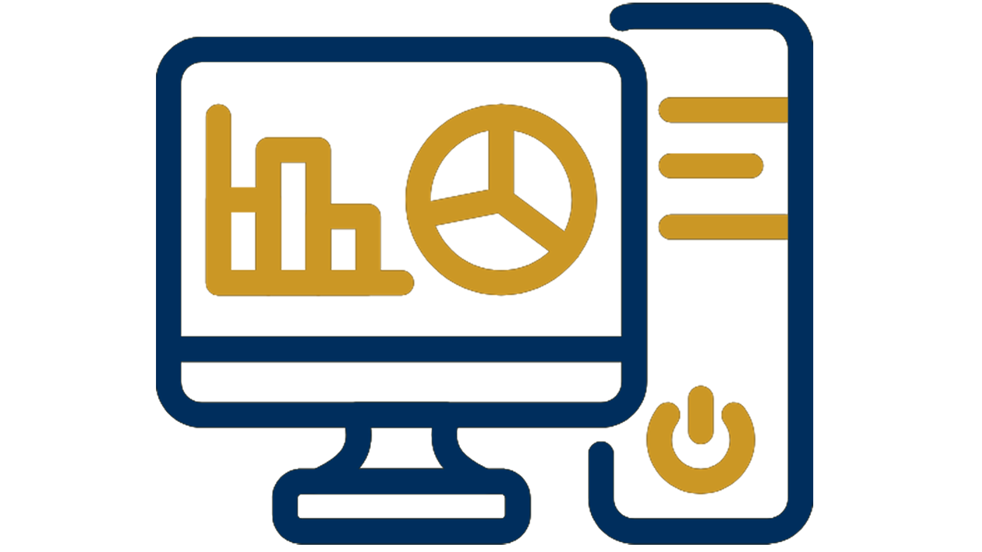 Icon representing data analysis and technology, featuring a computer monitor displaying a bar graph and a pie chart. The design also includes a desktop computer tower with a power button symbol. This image conveys themes of data visualization, analytics, and IT infrastructure, making it suitable for topics related to business intelligence, technology solutions, and data-driven decision-making. Ideal for websites focused on analytics tools, IT services, or educational content about technology in business.